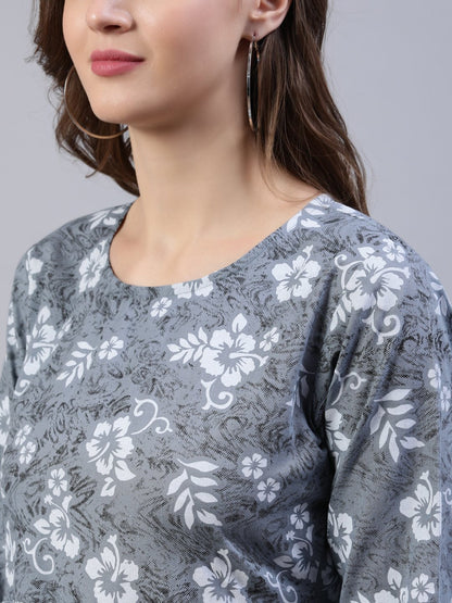 Women's Grey Floral Printed Dress With Three Quarter Sleeves