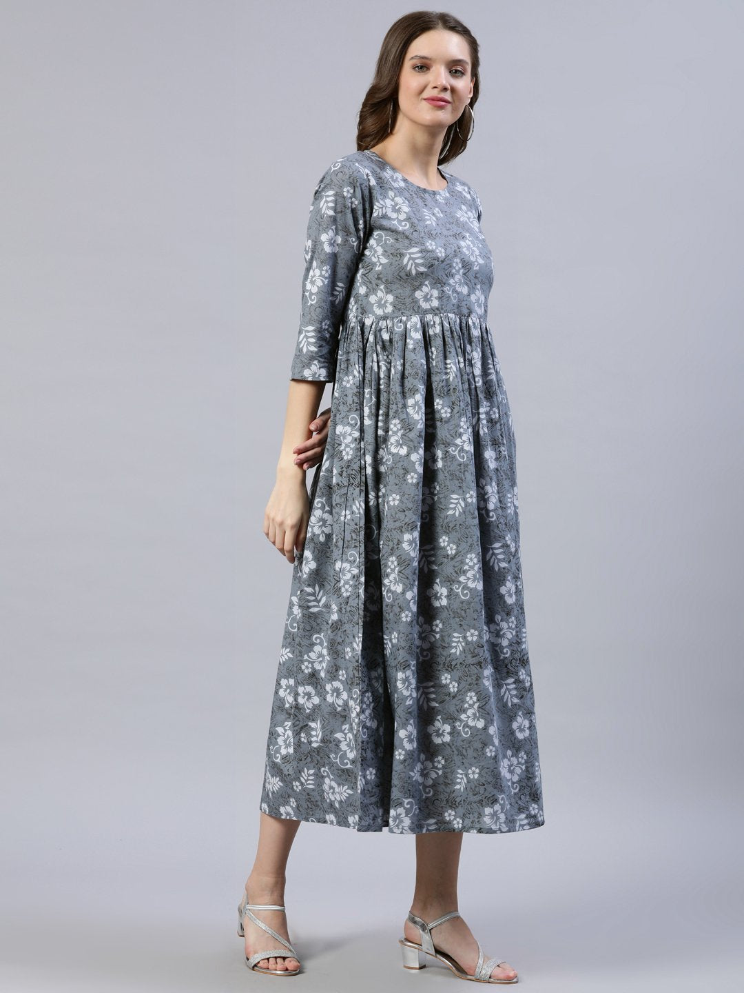 Women's Grey Floral Printed Dress With Three Quarter Sleeves