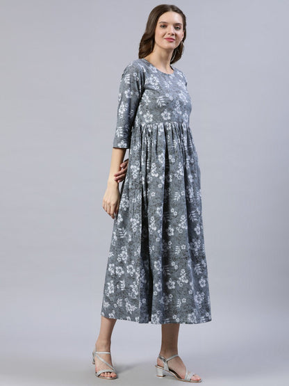 Women's Grey Floral Printed Dress With Three Quarter Sleeves