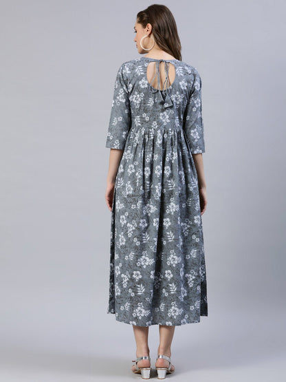Women's Grey Floral Printed Dress With Three Quarter Sleeves