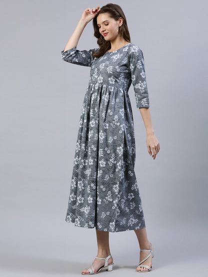 Women's Grey Floral Printed Dress With Three Quarter Sleeves