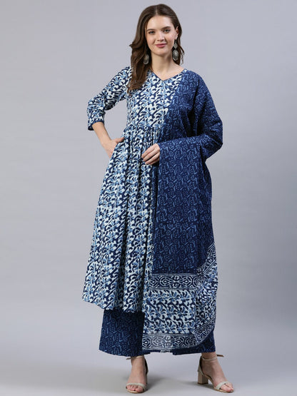 Women's Indigo Blue Printed Gathered Kurta With Palazo & Dupatta