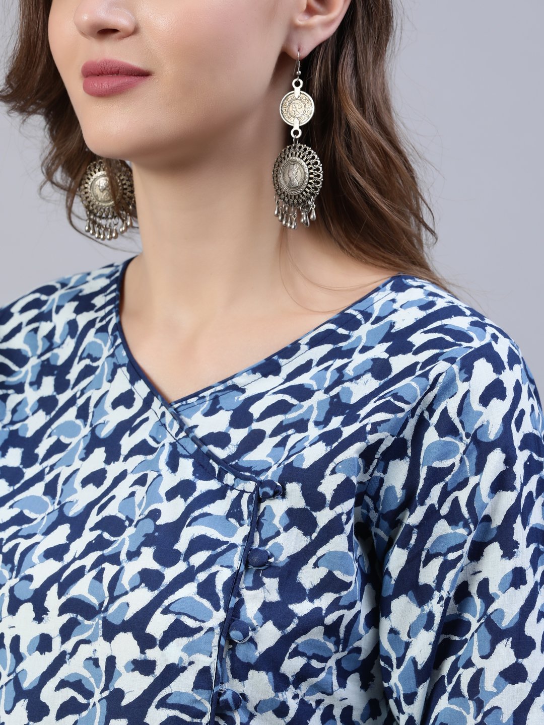 Women's Indigo Blue Printed Gathered Kurta With Palazo & Dupatta