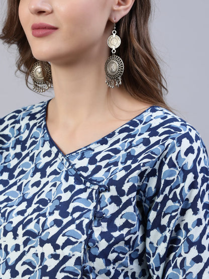 Women's Indigo Blue Printed Gathered Kurta With Palazo & Dupatta