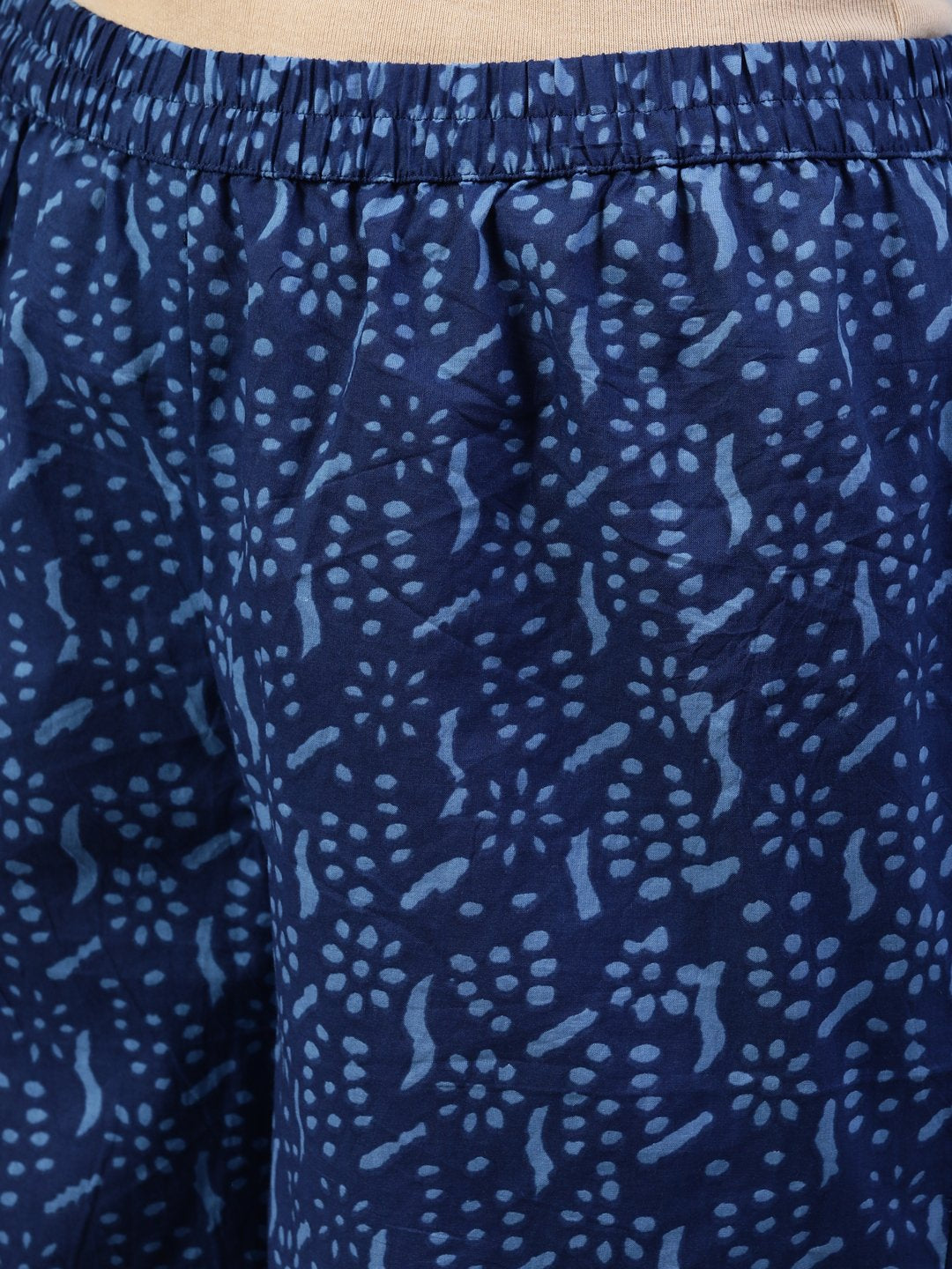 Women's Indigo Blue Printed Gathered Kurta With Palazo & Dupatta