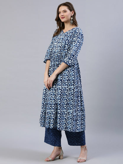 Women's Indigo Blue Printed Gathered Kurta With Palazo & Dupatta