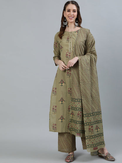 Women's Olive Embroidered Layered Cotton Kurti With Trousers & With Dupatta