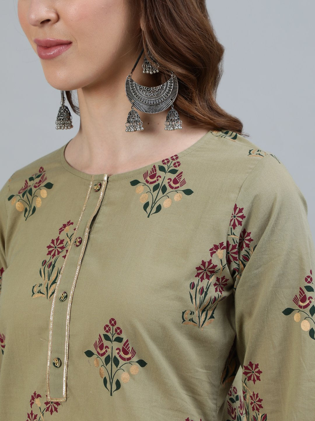 Women's Olive Embroidered Layered Cotton Kurti With Trousers & With Dupatta