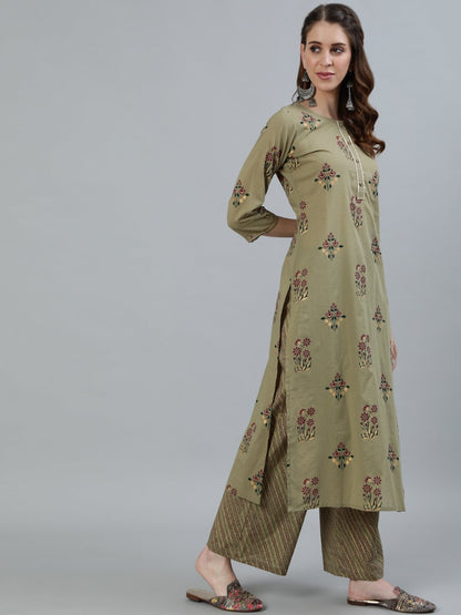 Women's Olive Embroidered Layered Cotton Kurti With Trousers & With Dupatta
