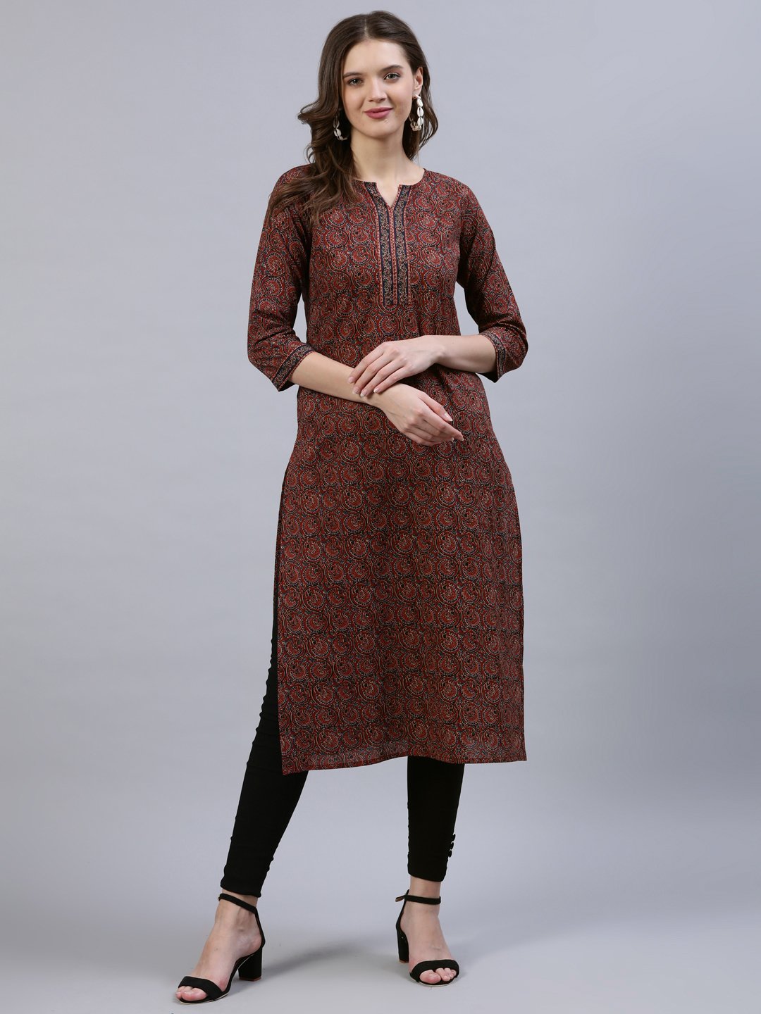 Women's Maroon Printed Straight Kurta With Three Quarter Sleeves