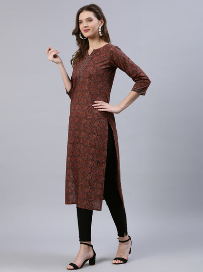 Women's Maroon Printed Straight Kurta With Three Quarter Sleeves