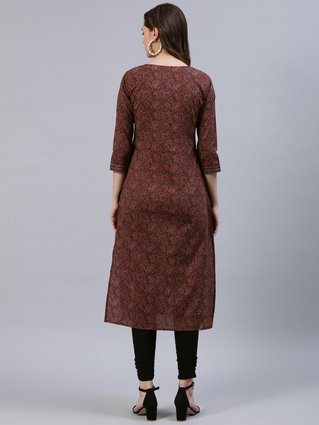 Women's Maroon Printed Straight Kurta With Three Quarter Sleeves
