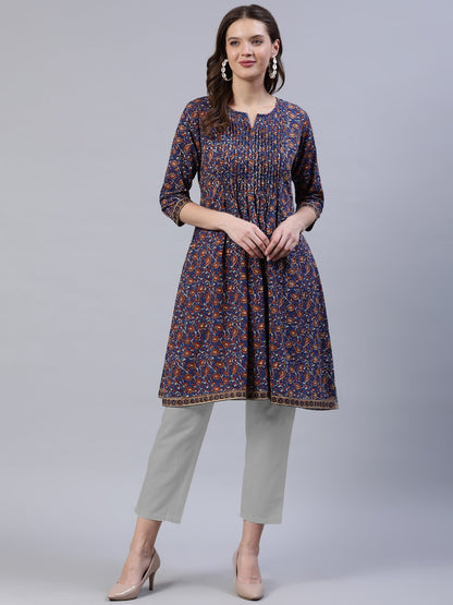 Women's Blue Printed A-Line Pleated Kurta With Three Quarter Sleeves