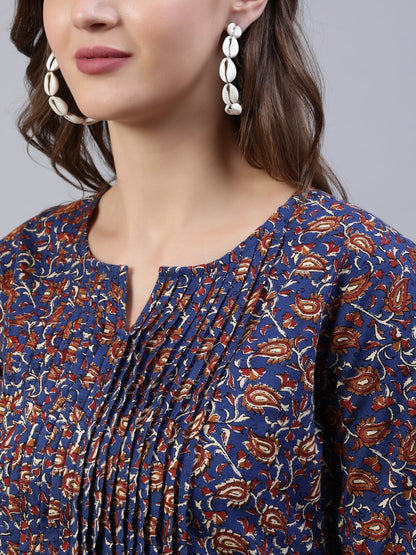 Women's Blue Printed A-Line Pleated Kurta With Three Quarter Sleeves