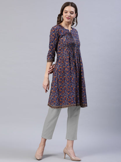 Women's Blue Printed A-Line Pleated Kurta With Three Quarter Sleeves