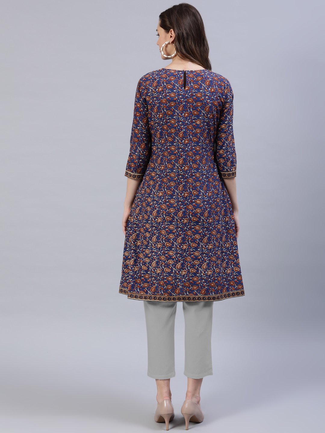 Women's Blue Printed A-Line Pleated Kurta With Three Quarter Sleeves