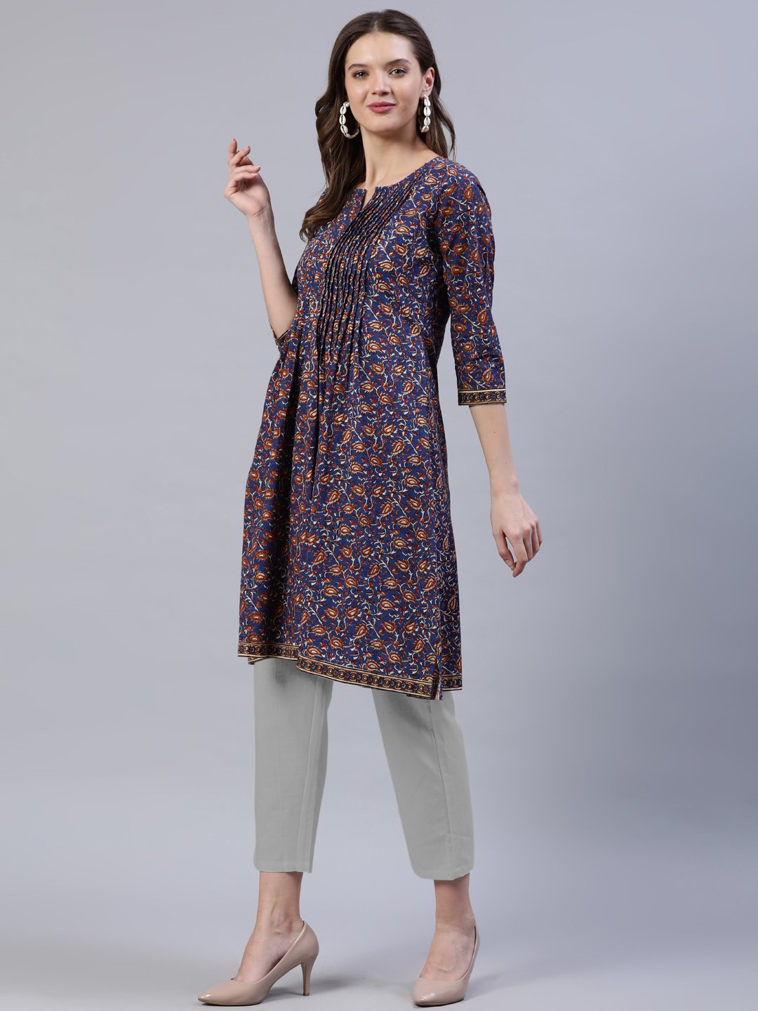 Women's Blue Printed A-Line Pleated Kurta With Three Quarter Sleeves