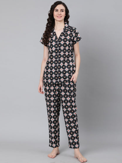 Women's Navy Blue Printed Night Suit