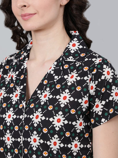 Women's Navy Blue Printed Night Suit