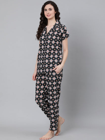 Women's Navy Blue Printed Night Suit