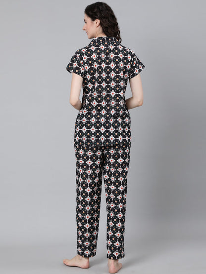 Women's Navy Blue Printed Night Suit
