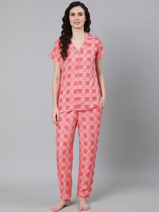 Women's Pink Printed Night Suit