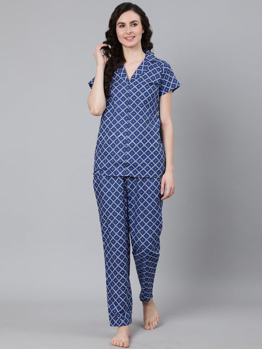 Women's Blue Printed Night Suit