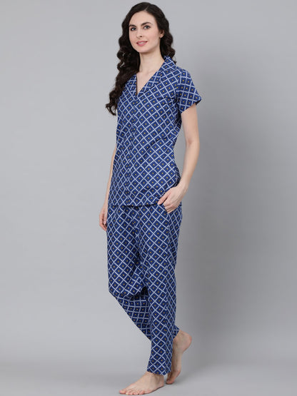 Women's Blue Printed Night Suit