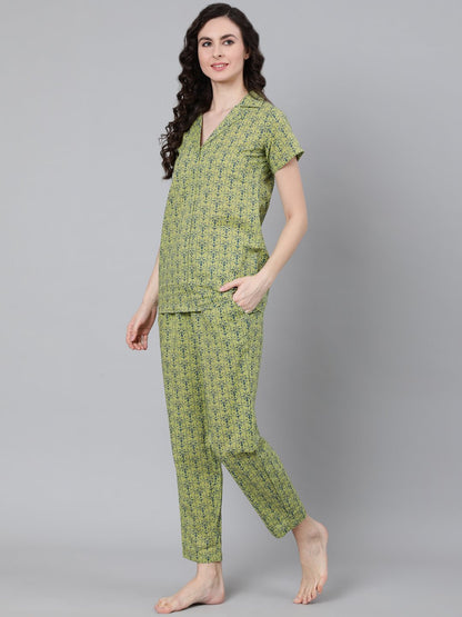 Women's Green Printed Night Suit