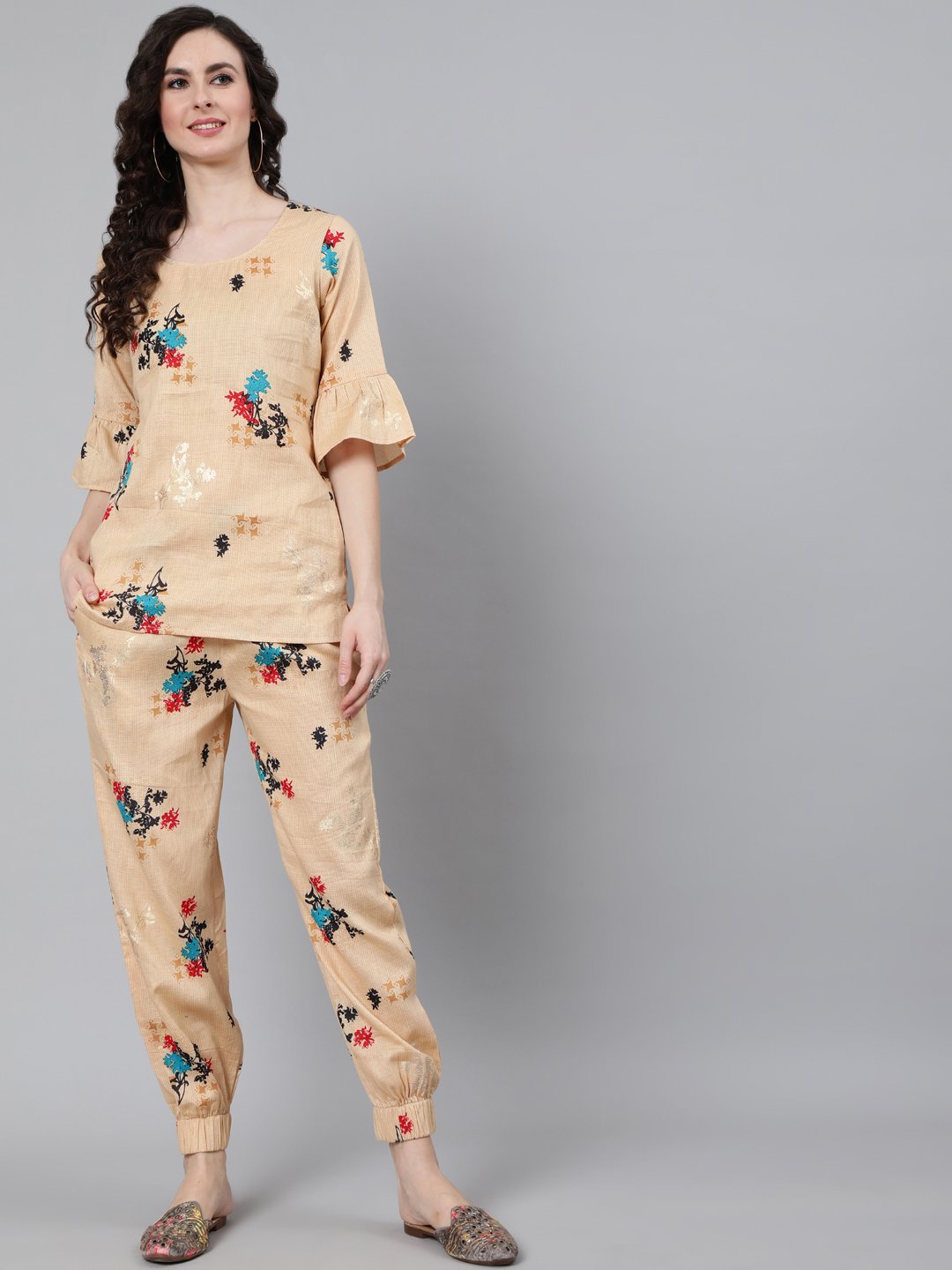 Women's Cream Printed Night Suit