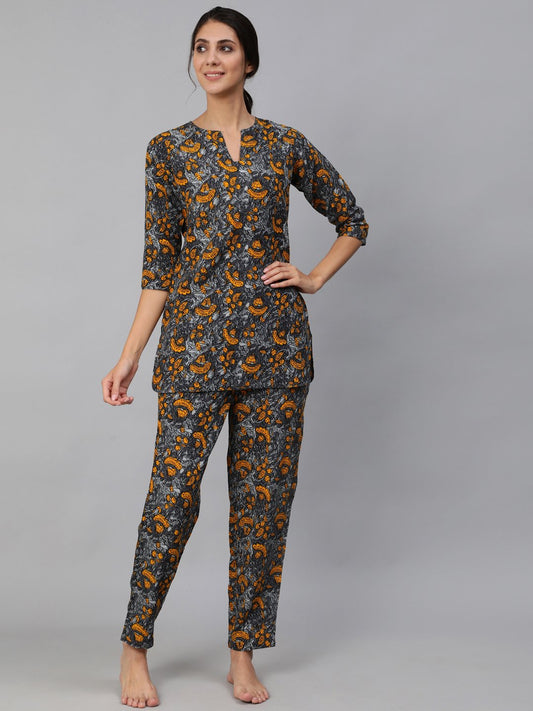 Women's Grey Printed Night Suit Set