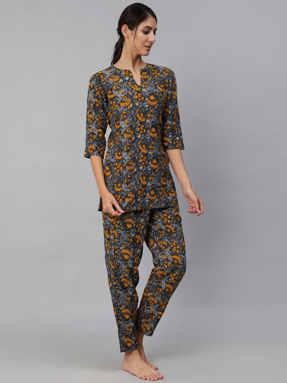 Women's Grey Printed Night Suit Set