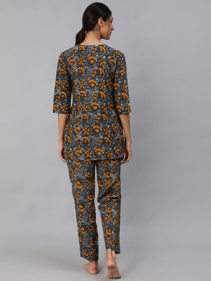 Women's Grey Printed Night Suit Set