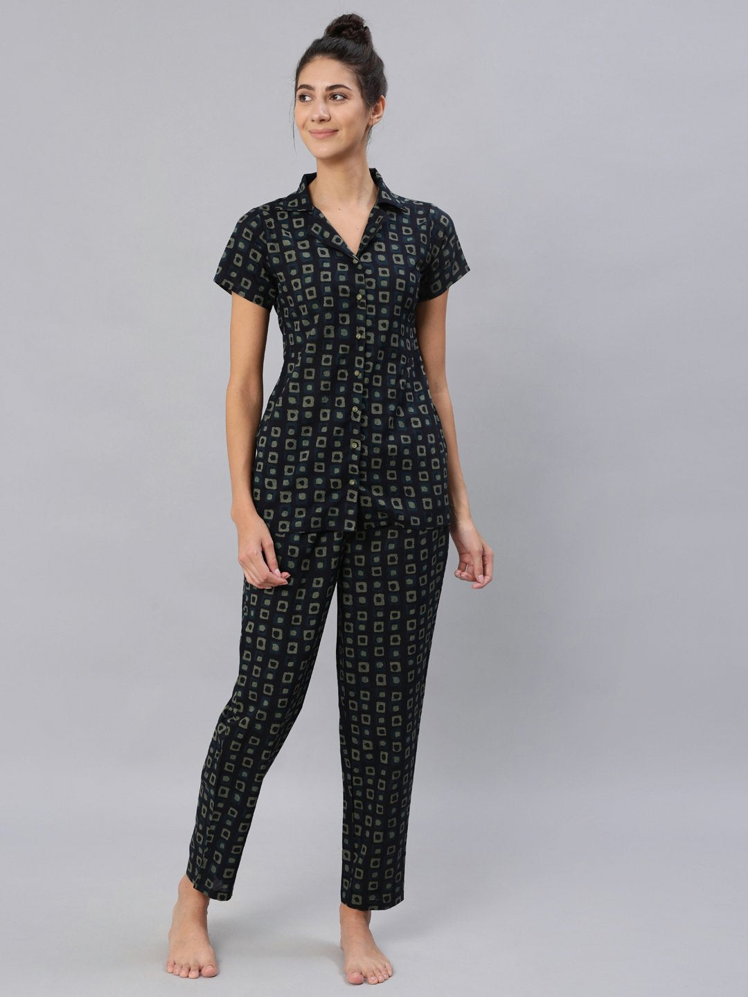 Women's Dark Green Printed Night Suit Set