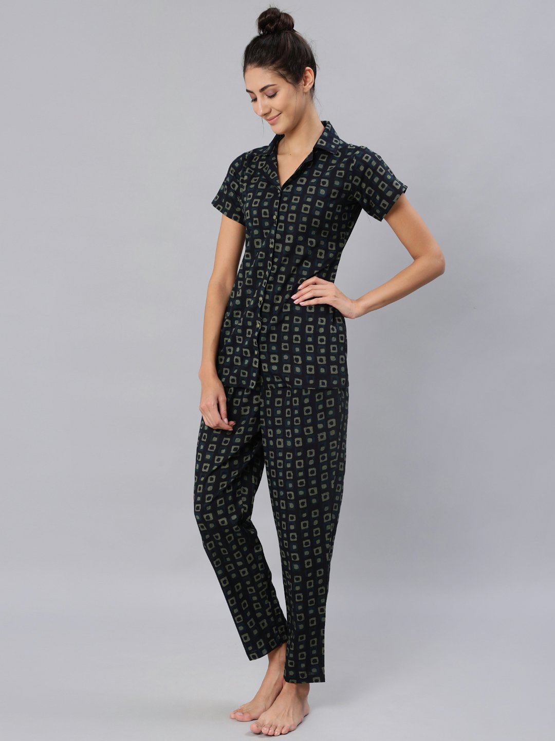 Women's Dark Green Printed Night Suit Set