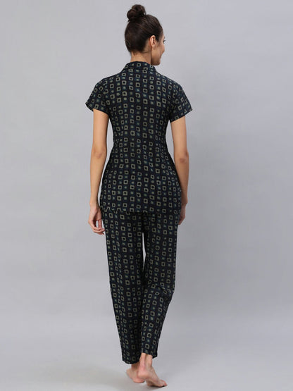 Women's Dark Green Printed Night Suit Set