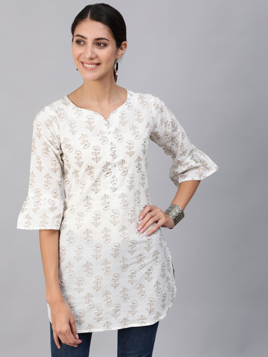 Women's Off-White & Gold Printed Tunic With Three Quarter Sleeves
