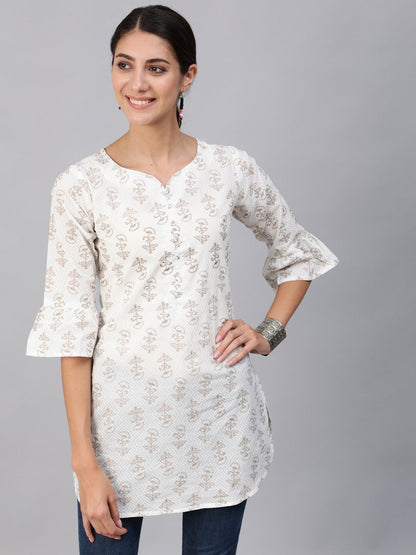Women's Off-White & Gold Printed Tunic With Three Quarter Sleeves
