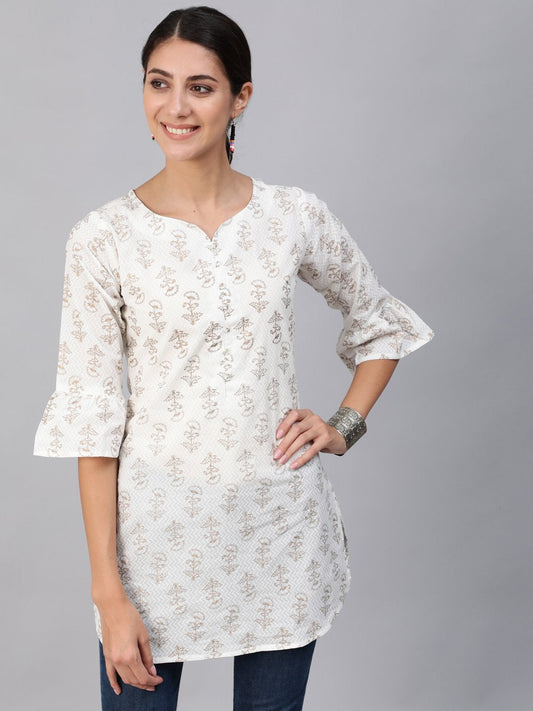 Women's Off-White & Gold Printed Tunic With Three Quarter Sleeves