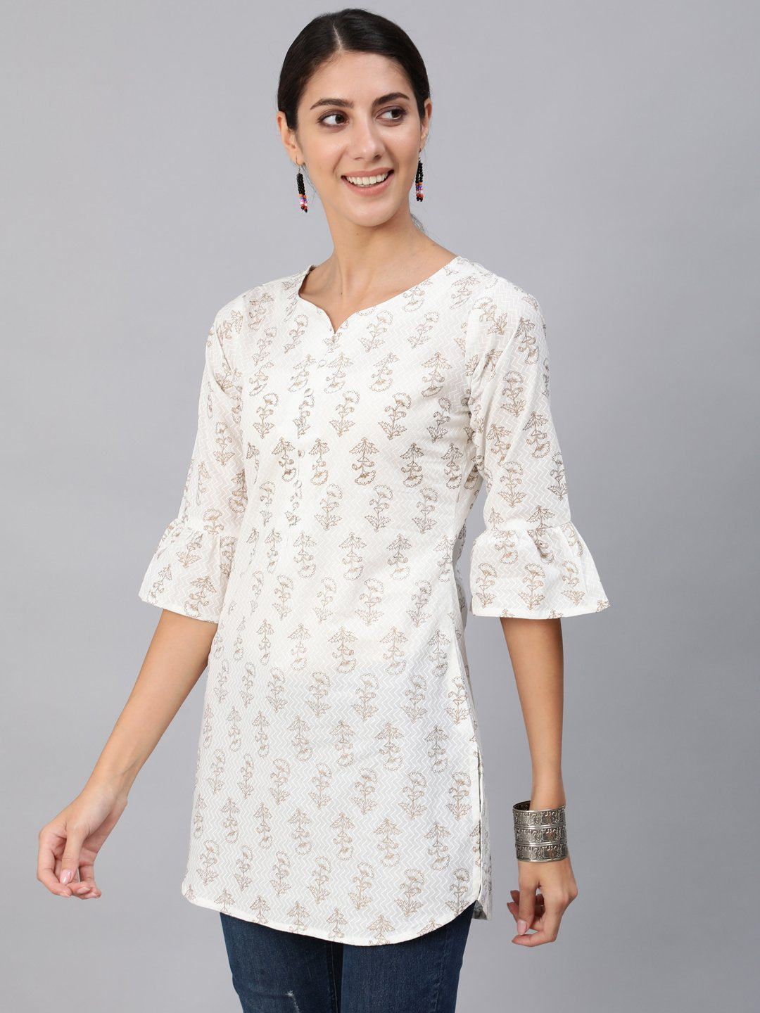 Women's Off-White & Gold Printed Tunic With Three Quarter Sleeves