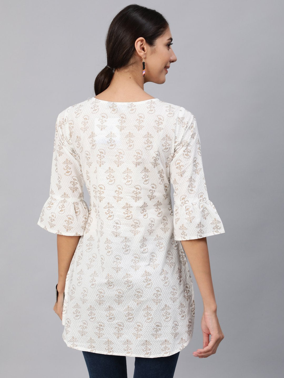 Women's Off-White & Gold Printed Tunic With Three Quarter Sleeves