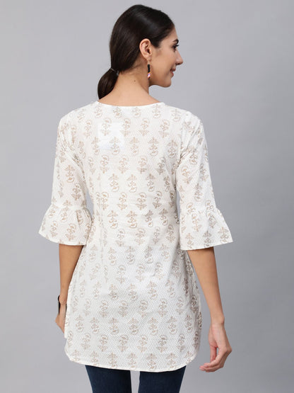 Women's Off-White & Gold Printed Tunic With Three Quarter Sleeves