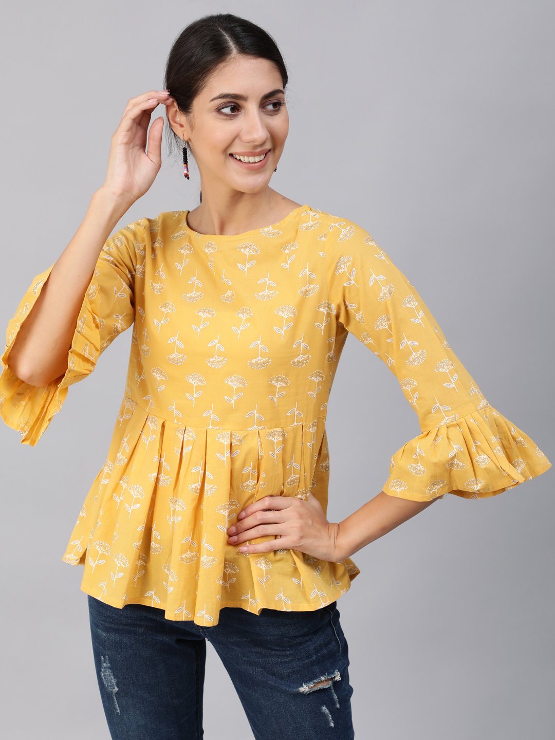 Women's Yellow & Silver Printed Top With Three Quarter Flared Sleeves