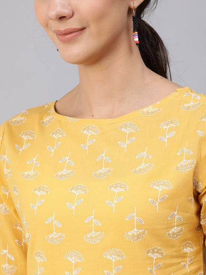 Women's Yellow & Silver Printed Top With Three Quarter Flared Sleeves