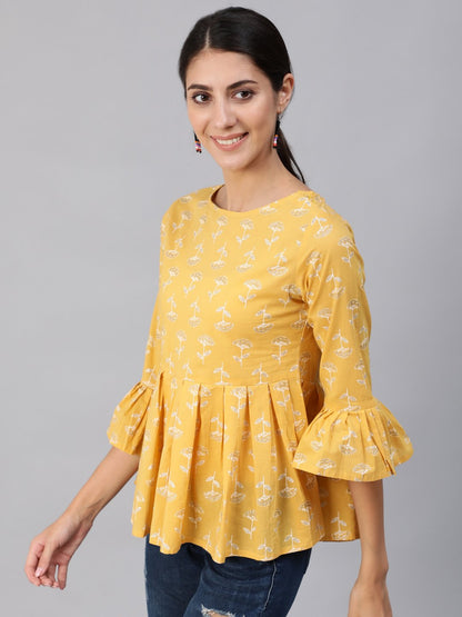 Women's Yellow & Silver Printed Top With Three Quarter Flared Sleeves