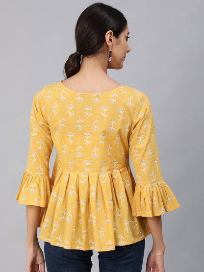 Women's Yellow & Silver Printed Top With Three Quarter Flared Sleeves