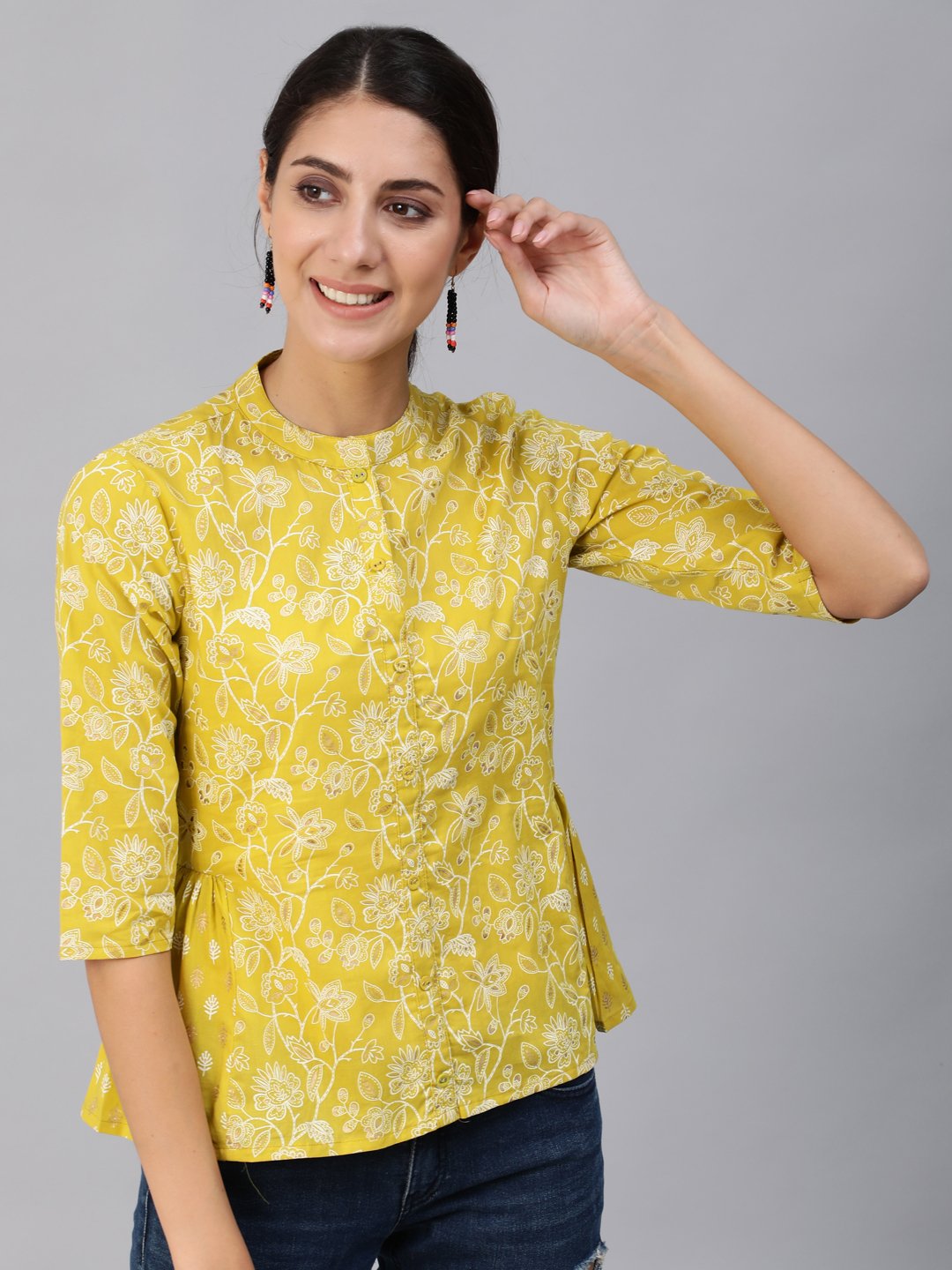 Women's Green & Gold Printed Top With Three Quarter Flared Sleeves