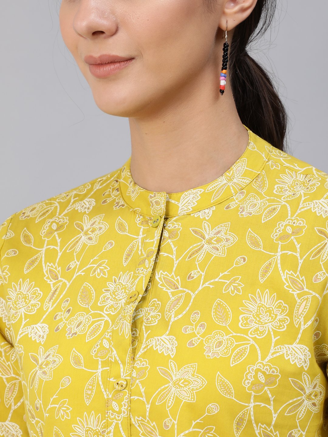Women's Green & Gold Printed Top With Three Quarter Flared Sleeves