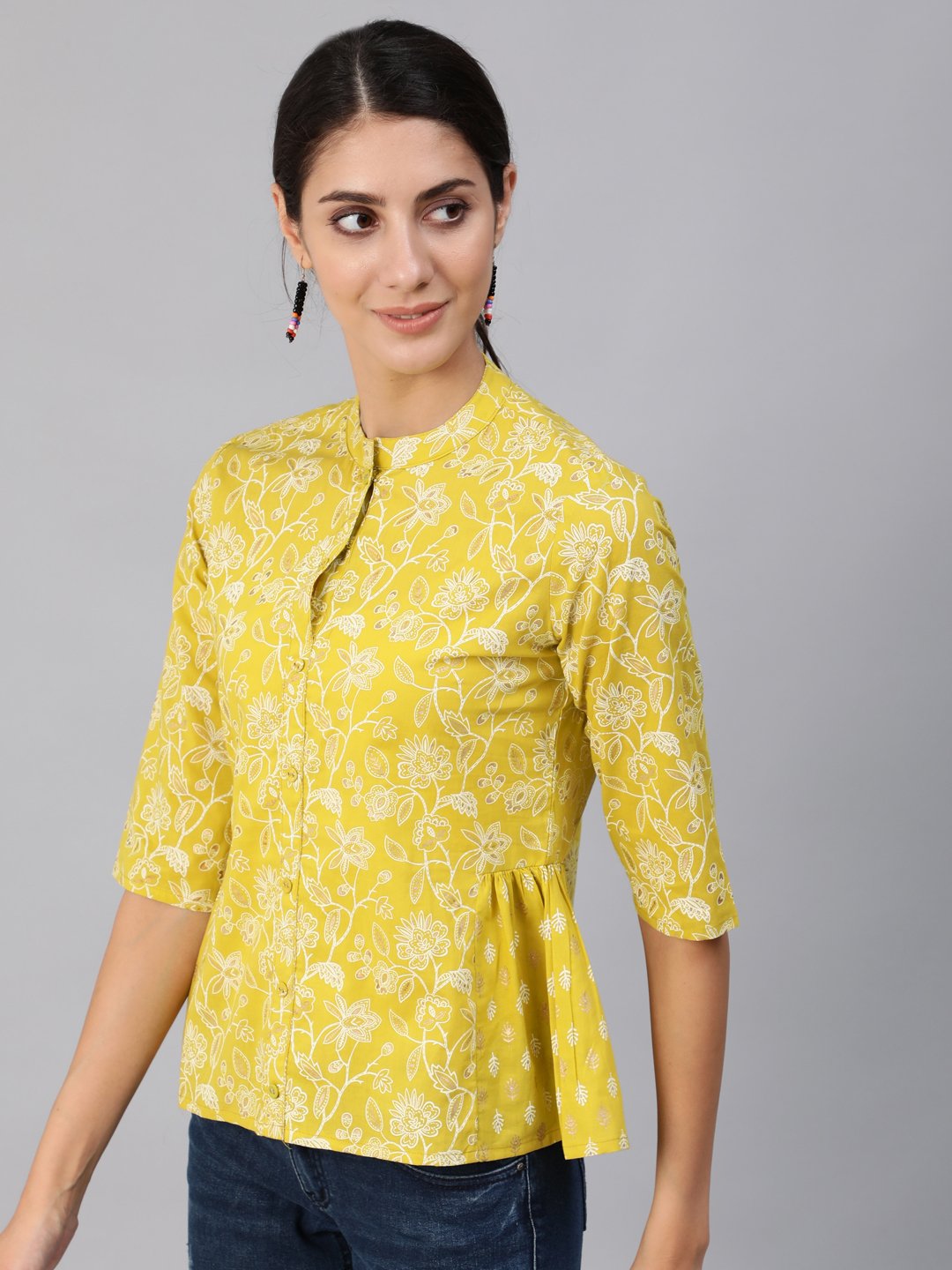 Women's Green & Gold Printed Top With Three Quarter Flared Sleeves