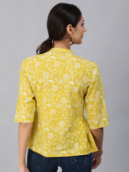 Women's Green & Gold Printed Top With Three Quarter Flared Sleeves